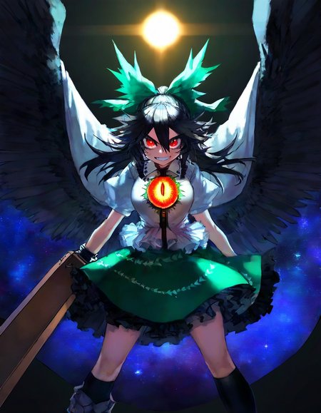 touhou, reiuji_utsuho,1girl,black_footwear,black_hair,black_socks, black_wings ,bow, cape, clenched_teeth ,feathered_wings, glowing, glowing_eyes, green_bow ,green_skirt ,hair_bow ,kneehighs, long_hair, looking_at_viewer ,red_eyes ,shirt ,skirt ,socks, solo ,starry_sky_print, sun ,teeth ,third_eye, white_shirt, wings, cowboy_shot, face focus, gunbuster_pose:1.3 ,
(masterpiece, best quality, high quality, absurdres, highres, newest, very awa),(zyugoya:0.8),quasarcake:0.7, Fishine,