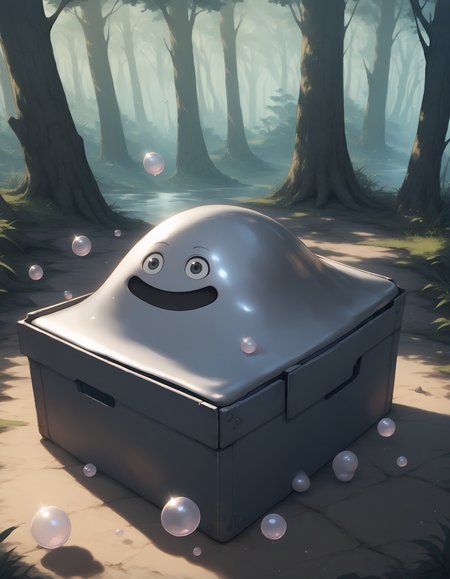 zPDXL3,night.forest,<lora:Pony_DetailV2.0:1> BREAK 1other,no_humans,no_legs,hagurin,slime \(creature\),slime \(dragon quest\),:D,grey skin,<lora:hagurin-v4-pony:1>,in container,doyagao,puff of air,in box,