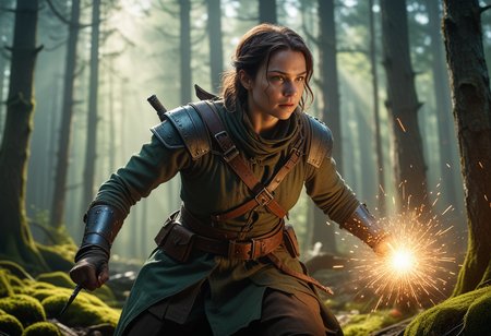(medium full shot) of (medium shot , dutch angle) of cunning rogue training with a master, detailed face, located in a magical scene at a magical forest during noon with magical aurora weather, illuminated by radiant beams, creating a epic atmosphere, Masterpiece,best quality, photo, realistic, very aesthetic,