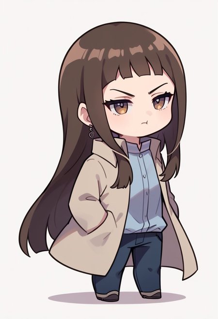 score_9, score_8_up, score_7_up, expressiveh, masterpiece, best quality, chibi, fca_style, girl standing, girl standing with her hands on her hips, angry, pout, tapping foot, motion lines, 
1girl, ichinosep5s, long hair, brown hair, blunt bangs, coat, shirt, pants, earring,  hands in pocket, sitting down, 
Facing viewer, expressionless, bored, half closed eyes, white background, full body, cowboy shot,simple background, source_anime, cute, chibi, kawaii, 2d color, simple color, simple shading, flat color, chibi body, chibi art style:1.1, fca_style, super deformer,