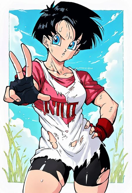 score_9_up, score_8_up, score_7_up, Score_6_up, Score_5_up, Score_4_up, source_anime, (masterpiece, perfectly detailed, detailed face, detailed eyes, beautiful eyes), (ultra HD quality details), 8K, extremely detailed, highres, Mevak_PS, videldbz, black hair, blue eyes, 1girl, bike shorts, black hair, blue eyes, border, fingerless gloves, gloves, hand on own hip, looking at viewer, outside border, outstretched arm, short hair, solo, standing, sweat, thigh gap, thighs, torn bike shorts, torn clothes, white border