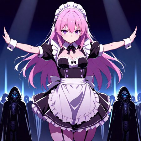 CivChan, standing in a robot graveyard, black cloak, fantasy setting, detailed, high contrast, vibrant colors, dramatic lighting, dynamic pose, masterpiece, best quality, amazing quality, purple eyes, pink hair, black maid costume, short skirt, short sleeves, cleavage, sexy grim reaper,