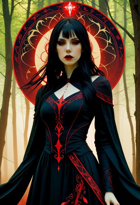 Silhouette Art, magnificent. female dark mage, long black hair, bangs, dark eyeshadow,  red lips, porcelain pale skin, imbued with a dark malevolent beauty, sexy black mage gown featuring arcane symbols embroidered in its fabric, closeup portrait, abstract red-tinged background suggesting a forest glade
BREAK
cinematic angle, unique perspective, dramatic lighting
BREAK
Release me in the fray
Your fever driven craze
Release me, devastatе
Let Hircine guide your way into thе bloodlust