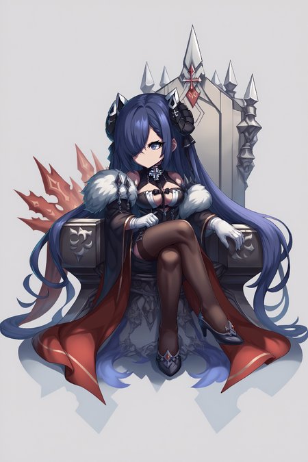 score_9, score_8_up, score_7_up, , rating_general,  ,1girl ,avpsd, hair over one eye, mechanical curled horns, mechanical cat ears, fur trim overcoat, black microdress, clothing cutout, iron cross brooch, (red crest), strap, strap between breasts, white gloves, black thighhighs, high heels, dynamic angle, source_anime, <lora:AugustVonParsevalPDCAME AL:1>, <lora:BraveFrontierPDCAME PixelArt:1>, pixel art, 2d, full portrait, simple background, white background, chibi, no mouth,  sitting on ruin throne, crossed legs,