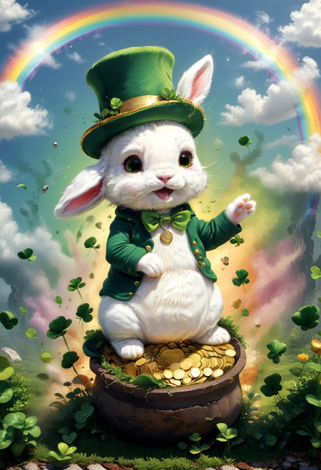 Dreamscape a cartoon style white bunny rabbit,green clothes,green top hat,playing in a pot of gold coins,adorable,cute,<lora:xl_more_art-full_v1:1>,giant rainbow touching the ground fills the background,four leaf clovers cover the ground, Hyperrealistic art cinematic film still photography in the style of detailed hyperrealism photoshoot . Surreal, ethereal, dreamy, mysterious, fantasy, highly detailed