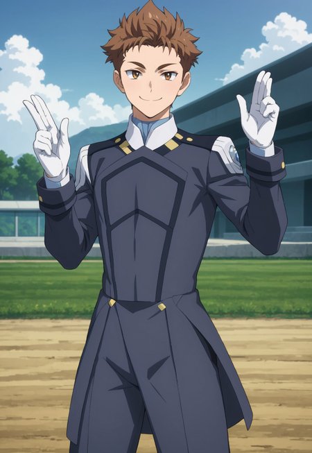 score_9, score_8_up, score_7_up, source_anime, cowboy shot, front view, BREAK, ( karuna, hazel eyes, light brown hair, best eyes, looking at viewer, smug expression, smiling, waving, uniform, stylish pose, ) 1boy, male focus, solo, BREAK, 