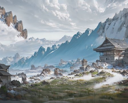 <lora:ConceptScene_B2:1>,a painting of a landscape with a mountain in the background and people walking around it with a long white umbrella