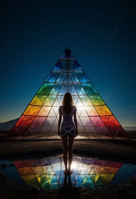 Album cover, mysterious silhouette woman, (light rays, shining on glas pyramid prism, splitting in rainbow colours, dark side of the moon), goddess, alluring, by Minjae Lee, Carne Griffiths, Emily Kell, Steve McCurry, Geoffroy Thoorens, Aaron Horkey, Jordan Grimmer, Greg Rutkowski, amazing depth, double exposure, surreal, geometric patterns, intricately detailed, bokeh,  perfect balanced, deep fine borders, artistic photorealism , smooth,  great masterwork by head of prompt engineering   <lora:add-detail-xl:2>  <lora:Double_Exposure:0.5>