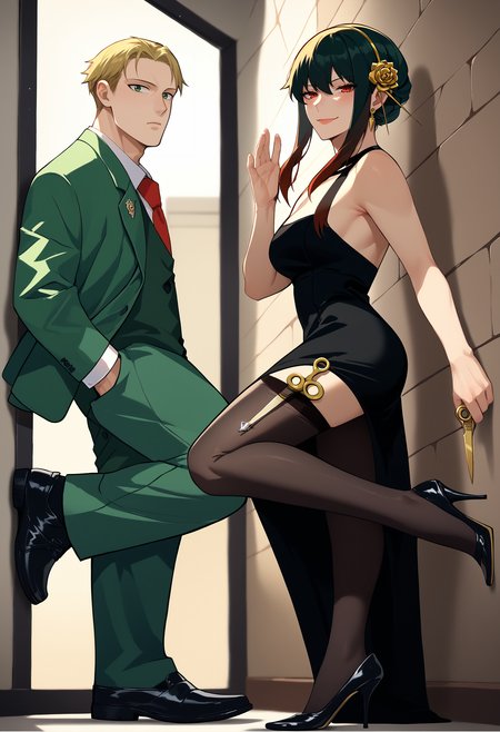 score_9, score_8_up, score_7_up, mr&mrssmith, standing on one leg, full body, <lora:Mr&MrsSmith_pdxl_Incrs_v1:0.6>, against wall,
BREAK 1boy, loid forger, blonde hair, short hair, green eyes, collared shirt, red necktie, green jacket, white shirt, suit, formal, long sleeves, vest, <lora:LoidForgerTwilight_pdxl_Incrs_v1:1>, gun, green pants, black footwear, 
BREAK 1girl, yor briar, black dress, seductive smile, knife, black thighhighs, high heels,