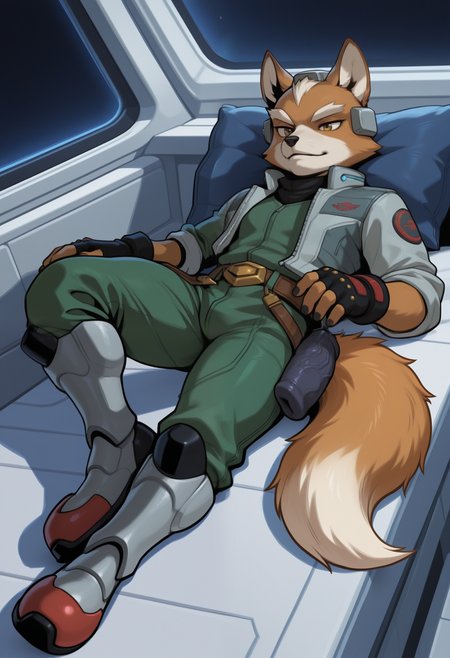 masterpiece,best quality, amazing quality, 1boy, solo, f0x, fox boy, black fingerless gloves, brown belt, green jumpsuit, green scouter, grey headgear, grey jacket, purple holster, silver armored boots, tail, on back, resting,
 
space, space ship, bedroom,