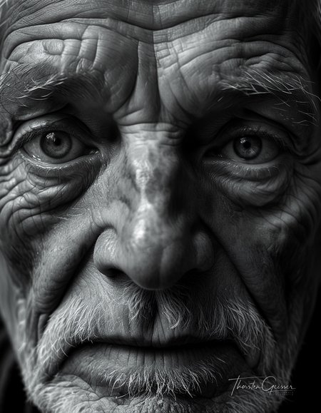 cinematic photo A high-resolution, black and white close-up portrait of an elderly man, his face etched with the wisdom and experiences of a lifetime. His skin is weathered and lined, a testament to the years he has lived and the stories he carries. His eyes, the focal point of the image, are bright and piercing, their irises filled with intricate details and subtle reflections of light. The depth and complexity of his gaze draw the viewer in, inviting them to contemplate the rich tapestry of his life. The background is a deep, velvety black, isolating the man's face and intensifying the emotional impact of his expression. The lighting is dramatic, highlighting the contours of his face and accentuating the wrinkles and creases that tell his story. The overall effect is one of profound depth and character, a portrait that captures the essence of a life well-lived in timeless black and white.     . 35mm photograph, film, bokeh, professional, 4k, highly detailed