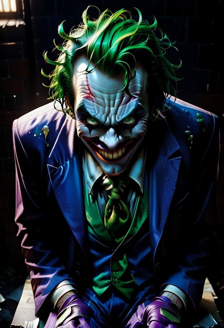 Score_9, score_8_up, score_7_up, rating_explicit, uncensored,  
Break, 
the joker, 1boy, solo, green hair, suit, smile, formal, necktie, gloves, green eyes, messy hair,
Break,
Joker outfit
Break, 
(sitting:1.5), 
Break, 
(above view:1.5), (angry expression:1.3), (crazy eyes;1.3), (upper body focuse:1.7)
Break,
(Dark alleyway background:1.5), 
Break,
(Painstakingly detailed:1.5), (8KHD), (professional artwork:1.4), (amazingly realistic:1.4) 
Break,
(dark dramatic lighting:1.2), (night time:1.5), dramatic chiaroscuro lighting, 
Break, 
easynegative, ng_deepnegative_v1_75t, Expressiveh, verybadimagenegative_v1.3,
