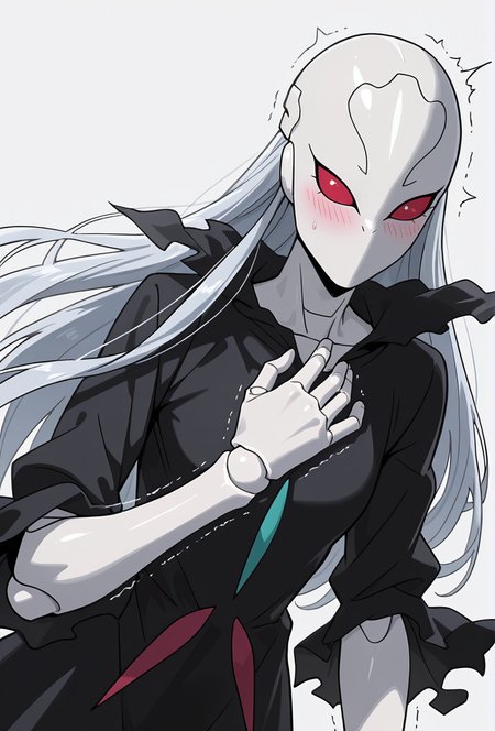Smooth Quality,masterpiece,very intricate, high quality details, ultra realistic, high detailed skin,detailed enviorement,absurdres,
simple background, white background, 
dynamic angle,wide eyes, surprised blush, open mouth, trembling lips,,solo,
 <lora:Berettacnn:0.8>  beretacnn,1girl, long hair,red eyes, (mask:1.1), black dress,silver hair, doll joints, no humans, no mouth,