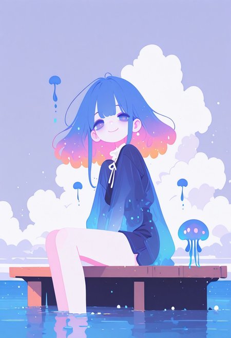 masterpiece, best quality, good quality, newest, highres, absurdres, 
 1girl, solo,, jellyfish, semi-luminous hair floating, pale translucent glow under eyes, sitting on edge of pier, legs in water, looking at at viewer, wind, outdoors, cloudy sky, mouth ,expression, ocean reflecting , smiling 
flat color, no lineart
, Flatline, Flat vector illustration