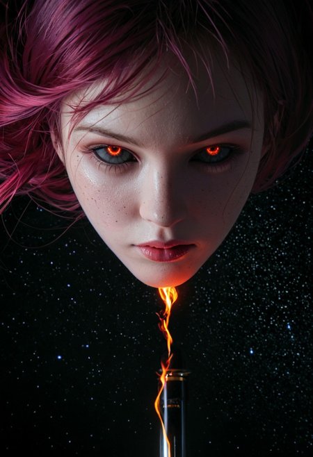 score_9, score_8_up, score_7_up, masterpiece,best quality, amazing quality, ((Mars background, on Mars, chromatic aberration, bright galaxy, raytrace)), ((Chiaroscuro Lighting Style, dramatic lighting, drastic contrast)), absurdres, Classical Chinese Brush and Ink,  1space spirit girl, solo, whole body made of space flame, white purple flame body, burning body, ((extremely bright nebula  surrounding girl, massive thick shockwave ring surrounding girl)), glowing third eye, eldritch third eye, sad face, hime cut, magenta hair, limited red palette, black sclera, black sclera eyes, spinning, dancing, holding katana, intricate purple katana, 1katana, dynamic angles, ((face focus, close up))pmg style, easynegative, sinozick style, flat color, dark theme, porcelain and gold.