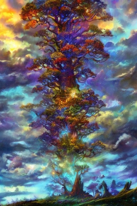 impressionism oil painting, 
fantasy forest,
an expansive ancient forest, featuring towering oaks, diverse wildlife, a variety of flora, and a feeling of grandeur,
glowwave,
dawn,
thunderstorm, and many small clouds, and slightly cloudy, FanLan,