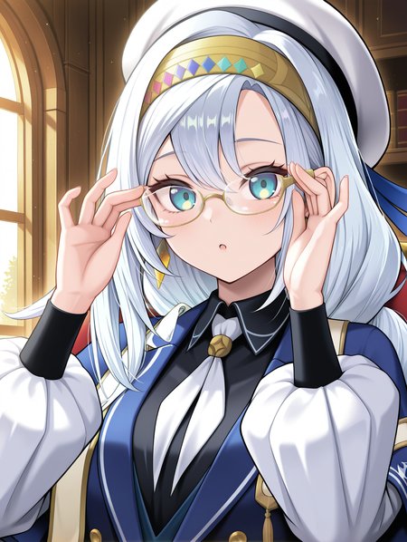 artmegia finemelt, 1girl, solo, gold earrings, :o, closed mouth, upper body, smile, blue dress, black collared shirt, blue capelet, white beret, gold hairband, white necktie, hands up, glasses, adjusting glasses, looking at viewer,
masterpiece,best quality,amazing quality,very aesthetic,absurdres,newest,<lora:Artmegia finemelt illusXL v1.3:0.75>,