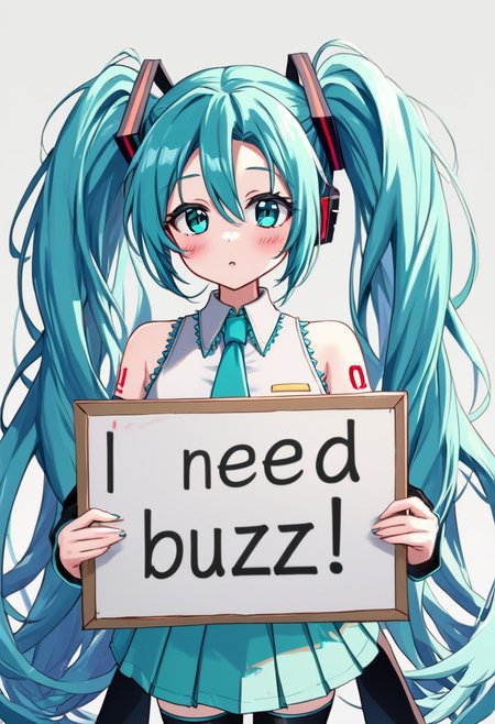need_buzz, holding sign, hatsune miku, absurdly long hair,aqua hair,twintails,hair ornament,sidelocks,hair between eyes,parted bangs,aqua eyes, white shirt,collared shirt,bare shoulders,sleeveless shirt,aqua necktie,detached sleeves,black sleeves,shoulder tattoo,fringe,black thighhighs,miniskirt,pleated skirt,zettai ryouiki,thigh boots