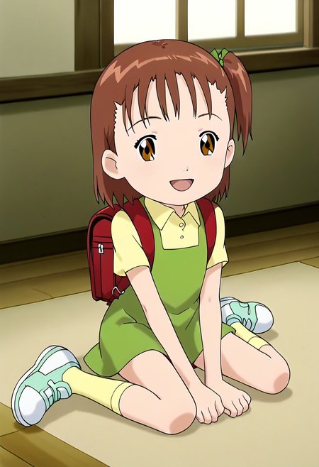 score_9, score_8_up, score_7_up, source_anime, anime screencap, masterpiece, best quality,
(1girl), jerikatou, ((solo, alone)), short petite, small body, flat chest, brown hair, side ponytail, brown eyes, green dress, smile, open mouth, looking at viewer,
BREAK
(yellow collared shirt, shoes, yellow socks, red backpack) 
BREAK
(sitting on the floor), ((wariza)), indoor, bedroom, bed in back, window in back, carpet on the floor, window in back during the day.