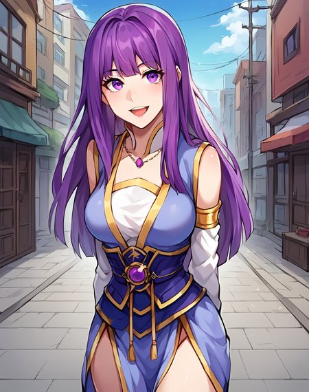 ye_ziyun, purple hair, purple eyes, long hair, breasts, manhua,  xianxia clothes, BREAK outdoors, city street, BREAK looking at viewer, sexy face, sexy smile, open mouth, cowboy shot,  arms behind back BREAK score_9, score_8_up, score_7_up, source_anime ,zPDXL, perfect hand, <lora:Ye_Ziyun:0.8>, solo, teen