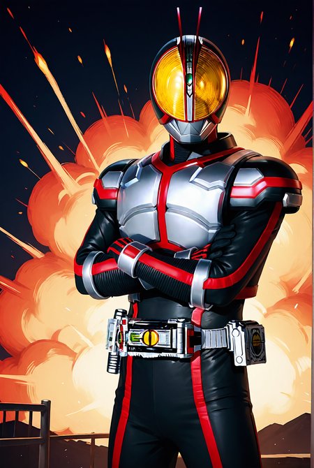 score_9,score_8_up,score_7_up,male focus,ultra-detailed,high resolution,digital painting,8k,1boy,solo,cowboy shot,male focus,detailed face,helmet,armor,bodysuit,belt,tokusatsu,black bodysuit,standing,crossed arms,looking at viewer,fire,explosion,<lora:add-detail-xl:1>,<lora:KamenRider Faiz[illustrious]:0.7>,kamenrider faiz,kamen rider,