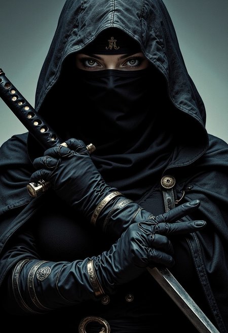 female japanese ninja assassin, hood, mask, eyes visible, black gloves, direct gaze,  chiascuro, silhouetted, weapons, directional lighting, masterpiece, perfect composition, perfect hands, cowboy shot