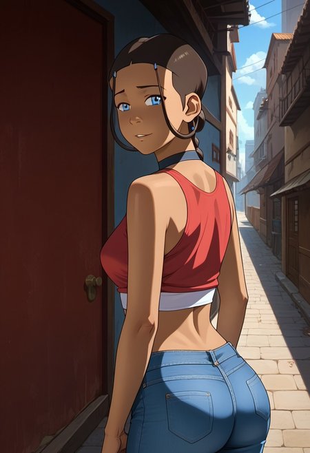 score_9, score_8_up, score_7_up, realistic, realism, HD, perfect quality, 16k, very detailed, realistic lighting, detailed face, BREAK, (((good_hands))), (((perfect eyes, bedroom eyes, (light smile:0.5)))),  BREAK, solo, 1girl, (((Katara-BookWater, blue eyes, short hair, brown hair, hair ornament, dark skin, dark-skinned female))), eye_focus, ((medium breasts, big ass)), (bedroom eyes), looking at viewer, nervous, seductive, sensual, medium body size, slightly small neck, plumb body, voluptuous hips and thighs, curvy body size, microwaist, (feminine body, soft body:1.5), BREAK, solo, 1girl,  sidelocks, sidelocks tied back, jeans, tight jeans, red crop top, happy, back turned, looking back, city, alley, colorful background, scenery, shops, plants, day,