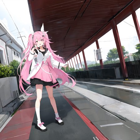 chiyoura chiyomi,solo,1girl,<lora:chiyoura chiyomi:0.7>,twin tail,long hair,pink hair,pink dress,ruffled skirt