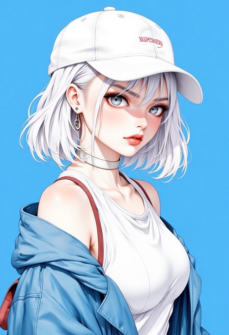 1girl, solo, white hair, short hair, french bob cut, grey eyes, thick eyebrows, red lips, hoop earrings, blush nose, white choker, hair behind ear, off-shoulder shirt, white shirt, white baseball cap, bare shoulders, blue blazer, simple background, blue background, looking down, side profile, side view, model, photohraphy, modeling, stylish, modern fashion, watercolor \(medium\), watercolor effect, watercolor background, beauty, masterpiece, best quality, high resolution, very aesthetic, absurdres, newest, professional, high-quality, hyper-realistic, portrait of a woman, detailed eyes, realistic body