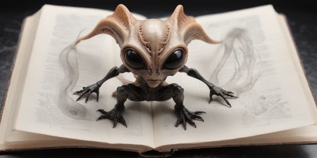 top-down view,

Isolated in front of a white papyrus background.

A cute alien anatomy slice, vivid and three-dimensional, black and auburn, muted colors, (translucent:1.2), matte, (White hairy:0.6), standing on an open book with an anatomic sketch of the alien.

off_center, 