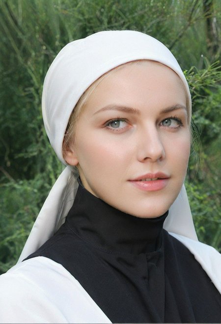 portrait, Detailed face, Woman wearing nun outfit in nature, 35 years old