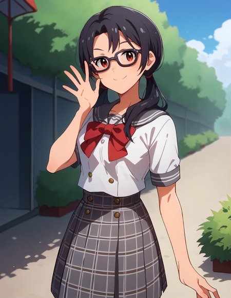 score_9,score_8_up,score_7_up,1girl,solo,cowboy shot,looking at viewer,smile,outdoors,
<lora:takayamasayoko_ponyXLV6:0.8>,mlts,
black hair,low twintails,red eyes,black-framed eyewear,
white serafuku,red bowtie,grey plaid skirt