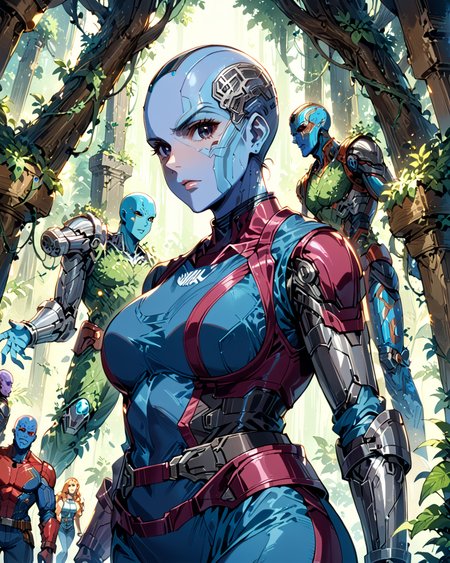score_9, score_8_up, score_7_up, score_6_up, source_anime, rating_safe, ah1, 1girl, looking at viewer, (curvy), skindentation, thick thighs, wide hips, busty, voluptuous, lips, bad-hands-5, (mace with spiked head), (in Jungle Temple with Ancient Statues and Overgrown Vines), <lora:venus body PonyXL:0.8>, <lora:xl_more_art-full_v1:0.4>, <lora:shinyskin2:0.3> glistening skin, <lora:aesthetic_anime_v1s:0.4>, <lora:Expressive_H:0.4> Expressiveh, <lora:EpicF4nta5yXL:0.4>, <lora:detailxl:0.4> detailxl, <lora:Fant5yP0ny:0.4>, best quality, amazing quality, best aesthetic, absurdres, <lora:expressive eyes:0.4> expressive eyes, (Dutch Angle (from the side) view Close shot (focus on knees)), <lora:eyedetailpxl:0.4> eyedetailpxl, illustration, Volumetric_Lighting, ultra-detailed, very aesthetic, intricate details, 8k, masterpiece, best_quality, <lora:NebulaPony:1> NEBULA, Vol3, marvel cinematic universe, guardians of the galaxy, ((((bald girl), black eyes, blue skin, colored skin))), cyborg, facial mark, mechanical arms, single mechanical arm, <lora:Neon_Cyberpunk_Cyberspace_SDXL_v2:0.5> mad-cyberspace, (no hair),