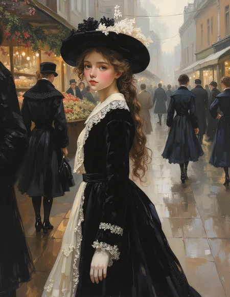 masterpiece, high quality, Oil Painting, Hyper-realistic, hyper-detailed oil painting of HBClaflin style of an awkwardly beautiful blushing tween girl who is wearing a winter formal Victorian dress. She is prim and proper, walking through a 19th century Portobello Road Market in London, she looks like a winter fashion model. Focus on the girl, shadow and light, Masterpiece, intricate lines, intriguing atmosphere, sharp magnificent details, delicate features, elaborate details, (2\3 rule composition:0.5), ultra detailed, romantic, Rembrandt lighting, brush stroke, lovely, del1cate_balance style, novuschroma, in the style of Rembrandt. vantablack <lora:style_of_Rembrandt_FLUX_135:.8> <lora:- Flux1 - vanta_black_V2.0:.3> <lora:Delicate_Balance:.3> <lora:113_novuschromaFLX_1:.4> <lora:neeeg_f1:-1> <lora:Midjourney_Whisper_Minimal:.3> <lora:H. B. Claflin:.8>