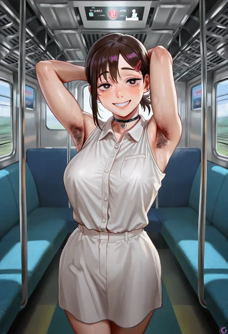 masterpiece, best quality, amazing quality, ultra detailed, solo, 1girl, adult, smile, Kobeni Higashiyama, grin, white collared shirt, sleeveless, black choker, looking at viewer, blush, bangs, standing, train, train interior, presenting armpit, armpit hair, hand behind head, cowboy shot,<lora:G-Puniro_Style_IL:0.81>