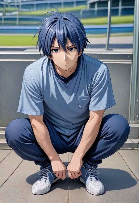 high resolution, solo, best quality, 1Boy, Tomoya Okazaki, Grey Blue Hair, lofi, candid, squat, depth of field, photo model, looking at viewer, OverallDetail