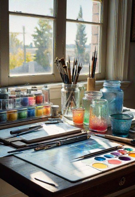 a still life with architects traditional drafting tools on a retro drafting board, in the style of a Janet Fish loose watercolor painting with exquisite transparent washes, sublime filtered light washing over the tools from a window behind, subtle multi-colored glass containers casting defracted shadows on the table surface --ar 7:5 --style raw --stylize 500