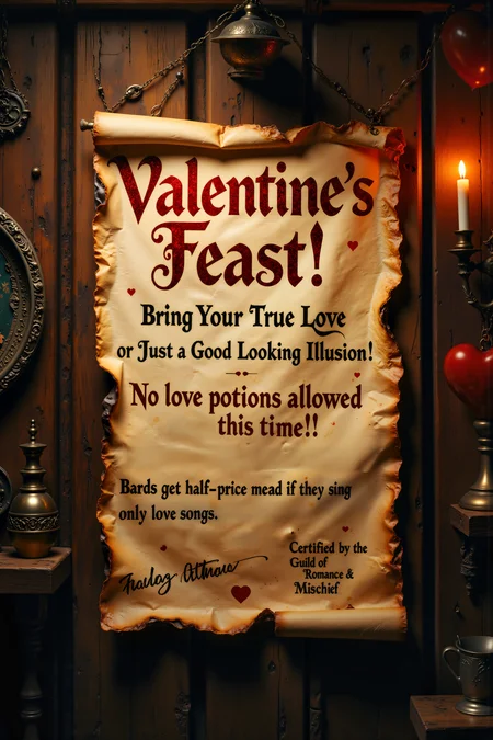A Fantasy-Themed Valentineâs Poster Pinned to a Medieval Tavern Wall. In a rustic tavern filled with raucous laughter and the clinking of mugs, a parchment poster hangs crookedly on the notice board, its edges slightly burned from a nearby candle. In dramatic, bold lettering, it reads: "Valentineâs Feast! Bring Your True Love (or Just a Good-Looking Illusion)!" Below, scribbled in different inks, are additional messages: "No love potions allowed this time!" and "Bards get half-price mead if they sing only love songs." A tiny goblin signature in the corner boasts: "Certified by the Guild of Romance & Mischief." The entire scene feels like a celebration of loveâboth sincere and chaoticâin the way only a fantasy world could offer. , detailed background  Fantastic lighting. Detailed shadows.intricate details, vivid colors, hyper-detailed, ultra-sharp, , <lora:FluxMythR3alisticF:0.4><lora:midjourney_whisper_flux_lora_v01:0.4><lora:aidmaMJ6.1-FLUX-V0.1:0.4><lora:Movie_Portrait:0.4><lora:Flux DetailerV2:0.4>