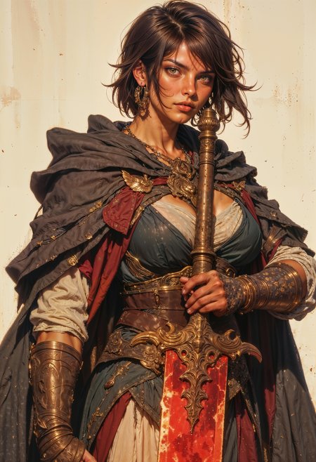 a strong, muscular woman with a determined expression. She has medium brown skin and striking yellow eyes, with short, dark hair that appears slightly wet or tousled. Her attire is a mix of medieval and fantasy styles, with a large, dark gray cloak that has red accents and a white undergarment visible beneath. She wears large, gold hoop earrings and a necklace with a small pendant. A tattoo is visible on her right shoulder. The woman is holding a large, ornate sword with a glowing red blade, suggesting a magical or fiery element. The background is a plain, light beige, which emphasizes the character's dynamic pose and intense gaze. <lora:FluxMythG0thicL1nes:0.6> <lora:FluxMythR3alisticF:0.5> <lora:RetroAnimeFluxV1:0.6> <lora:OB半写实肖像画V2.0:0.6>