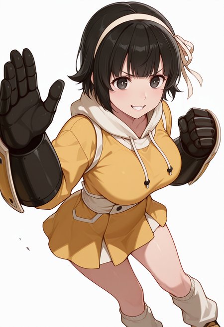 masterpiece,high quality details, ultra realistic, high detailed skin,absurdres,
waving,
 <lora:Arisa_Kusagakure:0.8> arisa_cnr, 1girl,black hair, short hair, bangs, black eyes, large breasts, hairband,
(gauntlets:1.2),, simple background, white background, sideways,solo,, clenched teeth,serious,, uwu,, hagoromo,sweatshirt,flared skirt,  ,leg warmers,