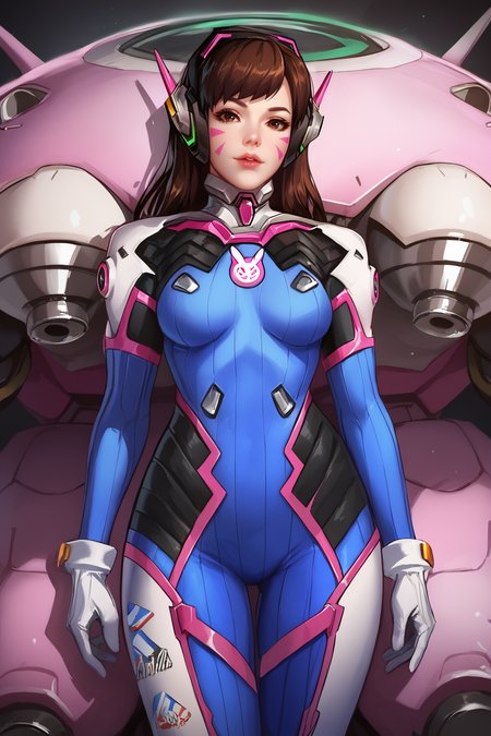 <lora:DVApony:1>,
score_9,score_8_up,score_7_up,score_6_up,score_5_up,score_4_up,
official art,extremely detailed cg 8k wallpaper,((crystalstexture skin)),(extremely delicate and beautiful),highly detailed,
Dark lights,complex details,details to hair silk,war loss,damaged mech,
Mecha,d.va,(((overwatch))),meka,mecha,1girl,robot,whisker markings,bodysuit,facial mark,solo,brown hair,Leaning on the mecha,
pilot suit,headphones,
gloves,blue bodysuit,brown eyes,Logo printed on pants,d.   va with her MEKA mecha,long hair,white gloves,facepaint,bangs,swept bangs,nose,lips,looking at viewer,skin tight,cowboy shot,breasts,animal print,ribbed bodysuit,bunny print,gatling gun,realistic,clothes writing,shoulder pads,Multiple logos,very long hair,