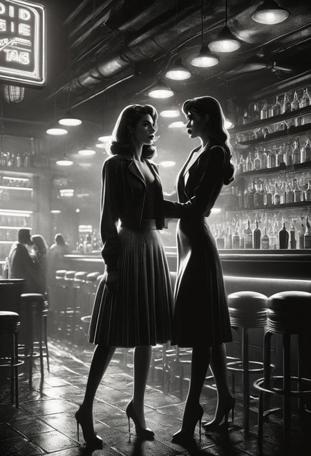 safe_pos, score_9, score_8_up, score_7_up, score_6_up, 2 girls, hugging, hugged from behind, mad-sincity, noir, monochrome, very aesthetic, masterpiece, best quality, highres, absurdres, cinematic lighting, dynamic angle, detailed, intricate details, perfection,
BREAK,
2girls, ((duo)), 24yo, beautiful face, full lips, long hair, medium breasts, nightclub, 
BREAK,
short skirt, crop top, waitress, sweater
in a crowded bar, people in the background,