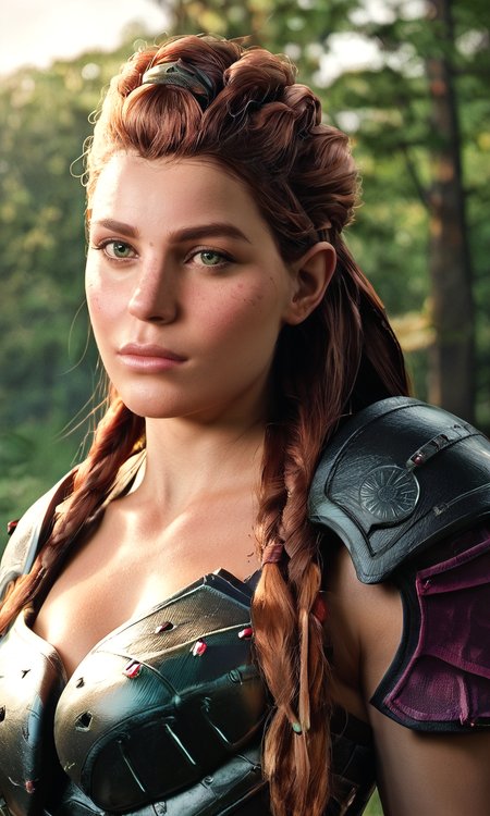 score_9, score_8_up, score_7_up, BREAK, zy_aloy, 1girl, long hair, brown hair, freckles, braid, green eyes, portrait, realistic, photo, real hair, detailed skin, armor, forest, highly detailed, detailed skin, depth of field, film grain, <lora:zy_Aloy_PonyRealism_v1:0.75>