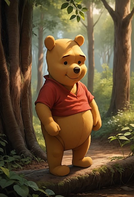 score_9, score_8_up, score_7_up, score_6_up, winniethepooh, solo, red shirt, shirt, 1boy, furry male, bear, short sleeves, black eyes, cute, standing in the forest,  trees, flowers, sunshine, facing viewer, looking at viewer, listening, concerned, friend, close up face, expressive face, caring, photorealistic render