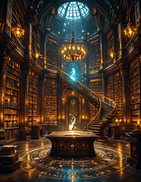grand enchanted library filled with towering wooden bookshelves that stretch endlessly into the distance, packed with ancient, leather-bound books glowing with mystical runes. The atmosphere is illuminated by floating candles and ethereal blue and golden lights that hover in the air, casting a warm, magical glow. A spiral staircase made of dark oak winds upward, disappearing into the shadows of the high-vaulted ceiling adorned with intricate celestial carvings. Wisps of enchanted mist swirl around the floor, while some books levitate gently from shelf to shelf, as if guided by an unseen force. The air shimmers with dust particles suspended in soft, golden light filtering through stained glass windows, depicting mythical creatures and arcane symbols. The scene is rich in deep, warm tones of mahogany, gold, and sapphire, evoking a sense of wonder, mystery, and timeless knowledge. The image is highly detailed and photorealistic, capturing the textures of the aged books, the glow of magical elements, and the enchanting stillness of this mystical sanctuary of wisdom.
<lora:SDXLFaeTastic2400:0.4> <lora:extremely_detailed:0.4> extremely detailed,<lora:3nch4nt3d_l1br4ry-ill:1>,3nch4nt3d l1br4ry, Masterpiece,best quality,hi res,8k,hi res,8k,award winning,(sharp focus, intricate, highly detailed),