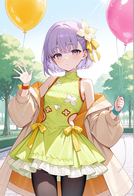 1girl, solo,  holding balloon, outdoors, park, sunlight, waving, short hair, purple hair, purple eyes, ribbon, hair flower, short dress, clothing cutout, frills, coat, off shoulder, wristband, black pantyhose <lora:Kazuradrop_Illus:1>, masterpiece, best quality, amazing quality, very aesthetic, absurdres, highres, newest