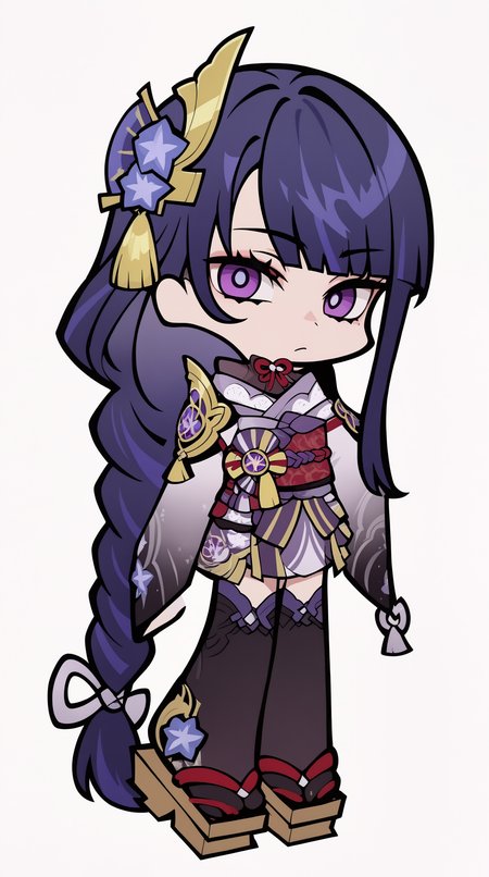 score_9, score_8_up, score_7_up,anime_source, source_anime, best background, detailed background, anime screencap,simple background, white background,    zzzemoji, 1girl, chibi, long hair, braid, japanese clothes, solo, sash, purple eyes, purple hair, obi, single braid, bangs, simple background, looking at viewer, hair ornament, sidelocks, thighhighs, white background, shoulder armor, full body, wide sleeves, standing, kimono, blunt bangs, mole under eye, low ponytail, mole, long sleeves  <lora:ZZZ_Emoji_style_PONY:1>