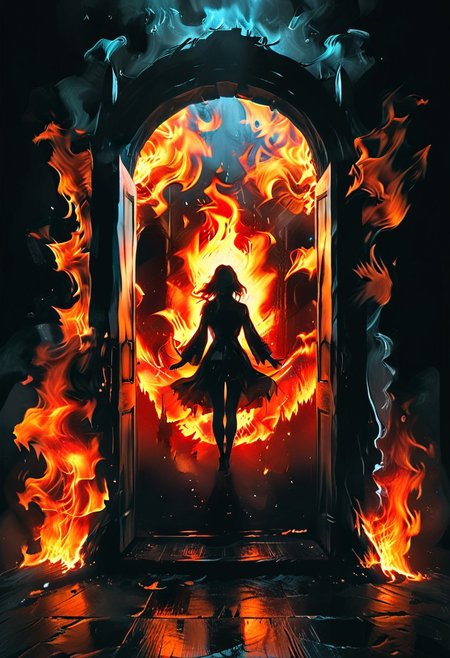 <lora:flame silhouette:1>,  <lora:flame:1>, flame,
burning door,
graphic style of novel comics, perfect hands, 2d,
8k, hyperrealism, masterpiece, high resolution, best quality, ultra-detailed, super realistic, Hyperrealistic art, high-quality, ultra high res, highest detailed, lot of details, Extremely high-resolution details, incredibly lifelike, colourful, soft cinematic light,