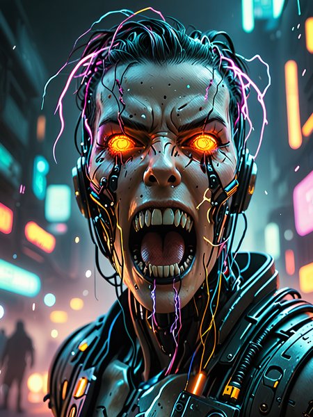 cyberpunk cyborkg screaming, mouth open   <lora:add-detail-xl:1>, electrical sparks,  masterpiece, 8k,cold colors, illustration, (volumetric fog:1.5)