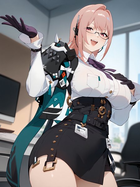 1girl, tsukishiro yanagi, solo, glasses, black gloves, high-waist skirt, white collared shirt, single pauldron, earpiece, harness, neck ribbon, looking at viewer, smug, open mouth, naughty face, ojou-sama pose, standing, cowboy shot, office, indoors, blurry background   <lora:Char-ZZZ-Yanagi-SDXL-V1:0.9>, masterpiece, best quality, very aesthetic, [<lora:detailed_notrigger:0.95>::0.5] <lora:style-XL-Nai3:1>